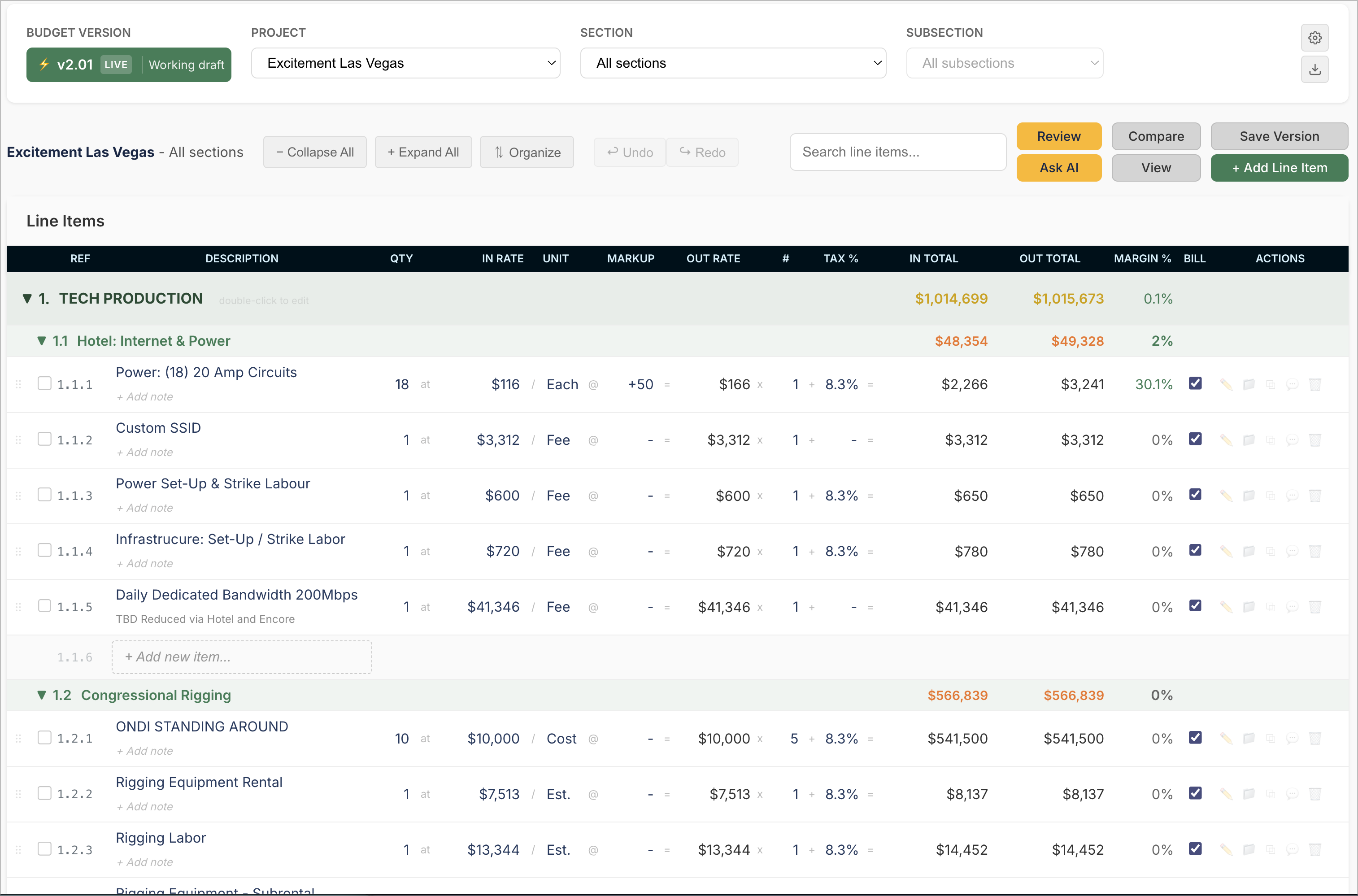Piper budget editor showing hierarchical sections, line items, and version control