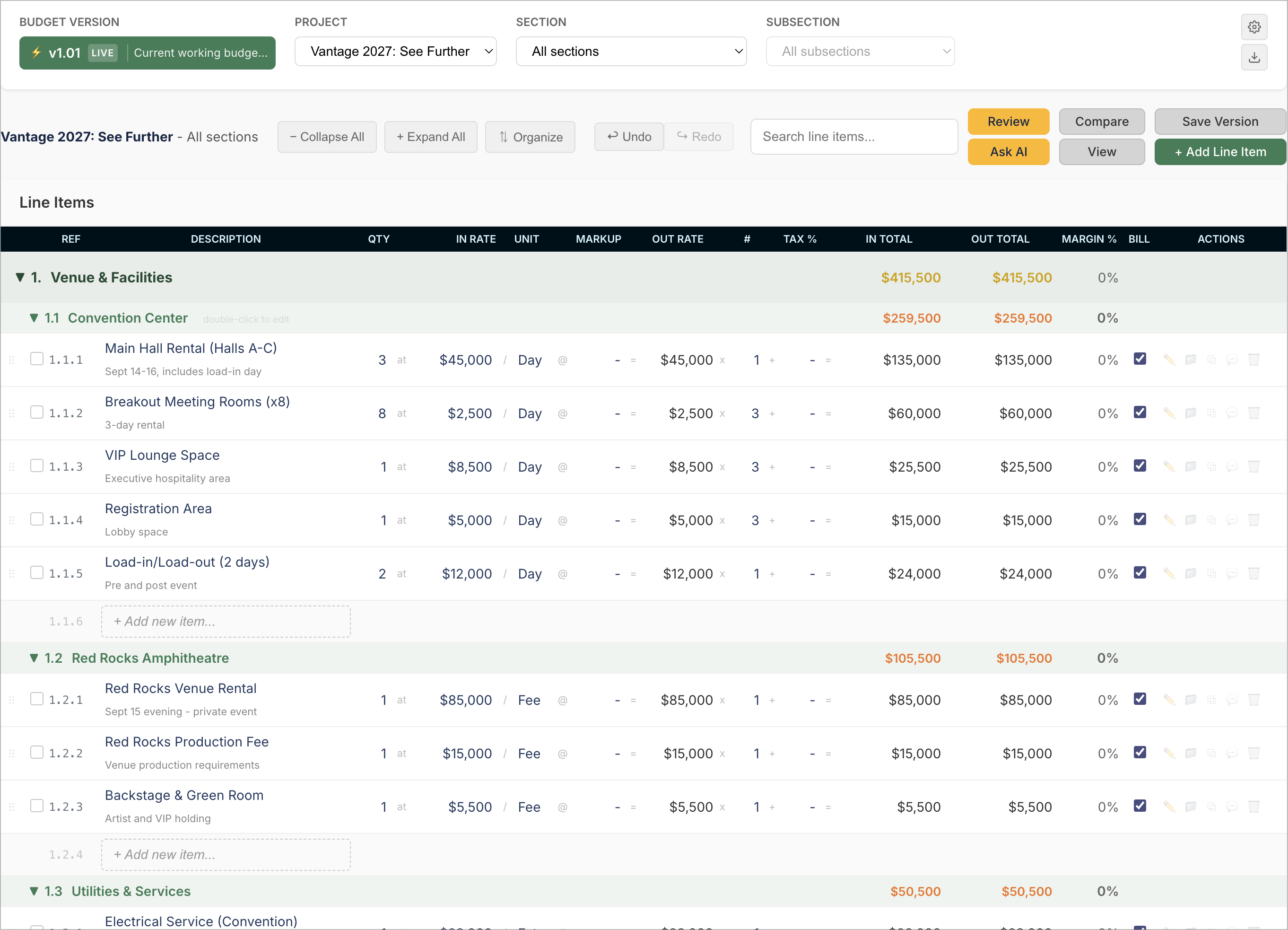 Piper budget editor showing hierarchical sections, subsections, and line items with version control